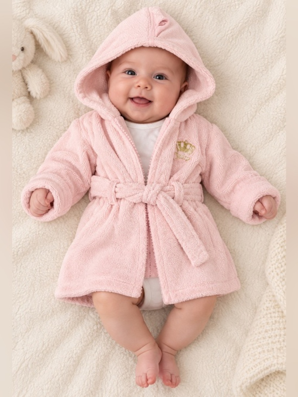 Juicy Couture Baby Pink Hooded Terry Cloth Bathrobe Crown One Size